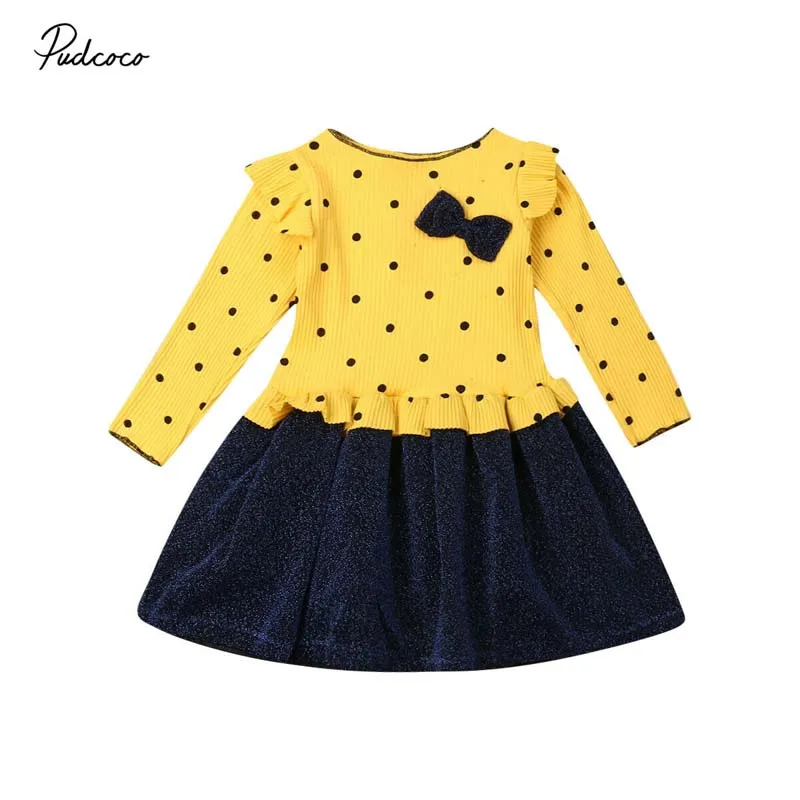 Детская одежда весна-осень одежда для малышей для девочек, праздничные платья с длинными рукавами и бантом в горошек; Пышное Платье для принцессы От 6 месяцев до 4 лет