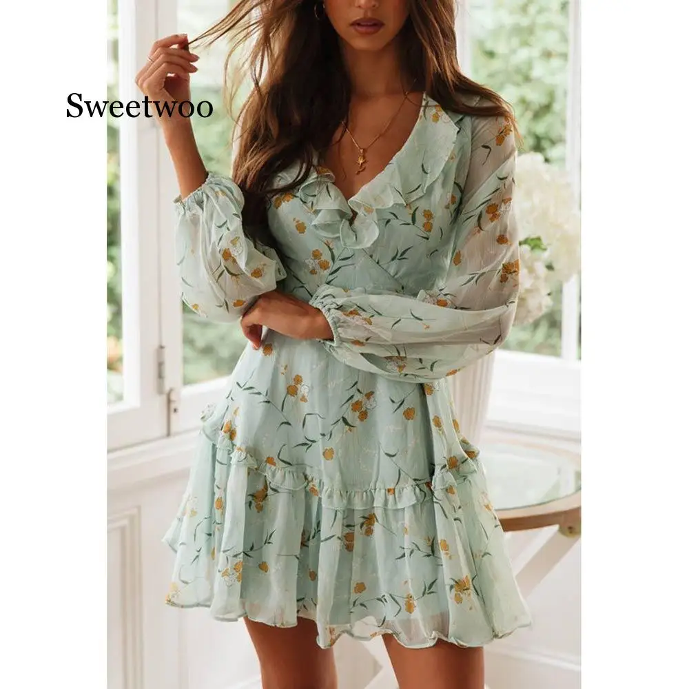

Women Spring Floral print ruffle Dress Women Sexy chiffon Long Sleeve bandage lace up prairie chic Beach Dresses Vestidos