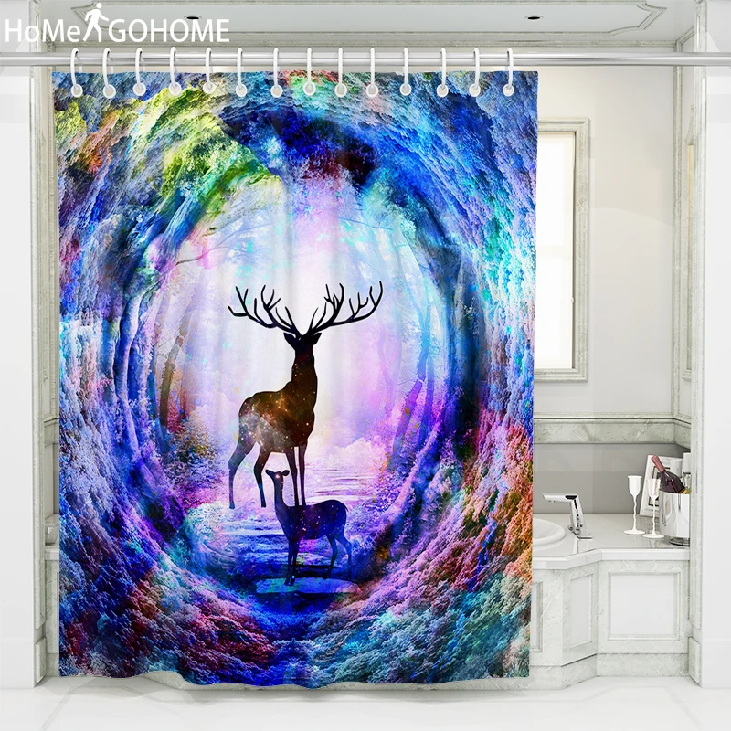 

Plus Size Bathroom Shower Curtain Large Shower Curtain 3D Bath Curtain Rainbow Elk Tree Hole Psychedelic Waterproof Fabric Art