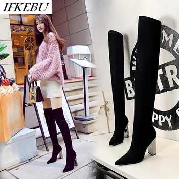 

Shoes Women Thigh High Boots Sexy Pointed Toe Over the Knee Boots Fashion Square High Heel Socks Boot Zapatos De Mujer Black