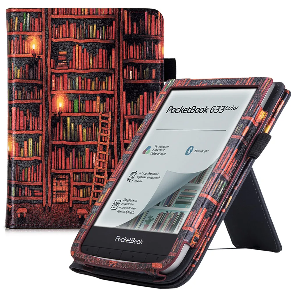 Estojo com Suporte para Pocketbook 606 616 627 628 632 633 Color Ereader Capa de Couro pu Premium com Alça de Mão e Auto Dormir Wake