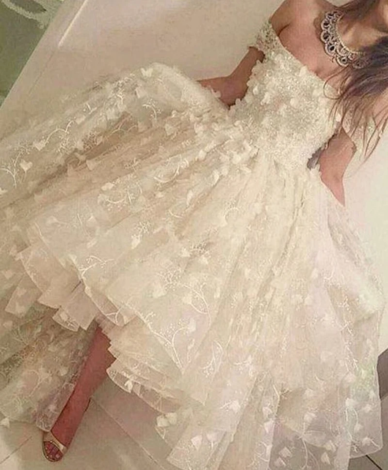 Fairy-Prom-Dresses-2019-Ball-Gown-Off-the-Shoulder-Ivory-Lace-Flowers-Short-Sleeve-High-Low