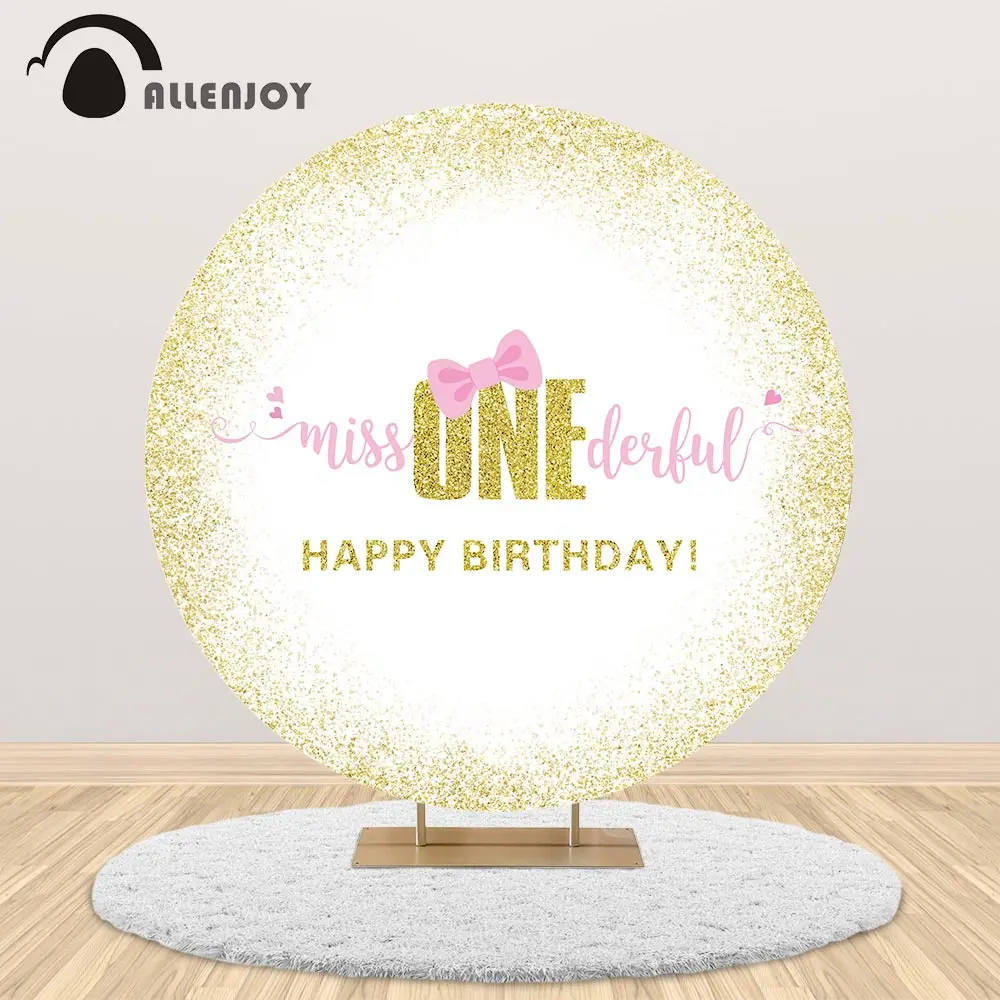 

Allenjoy One Year 1st Birthday Round Backdrop Cover Golden Glitter Sand Pink Bow Girl Party Circle Banner Background Tablecloth