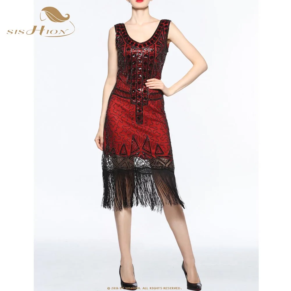 SISHION, винтажное платье с блестками 1920 s, VD1291, черные, синие, красные, элегантные женские вечерние платья,, Новогодние женские Платья Миди