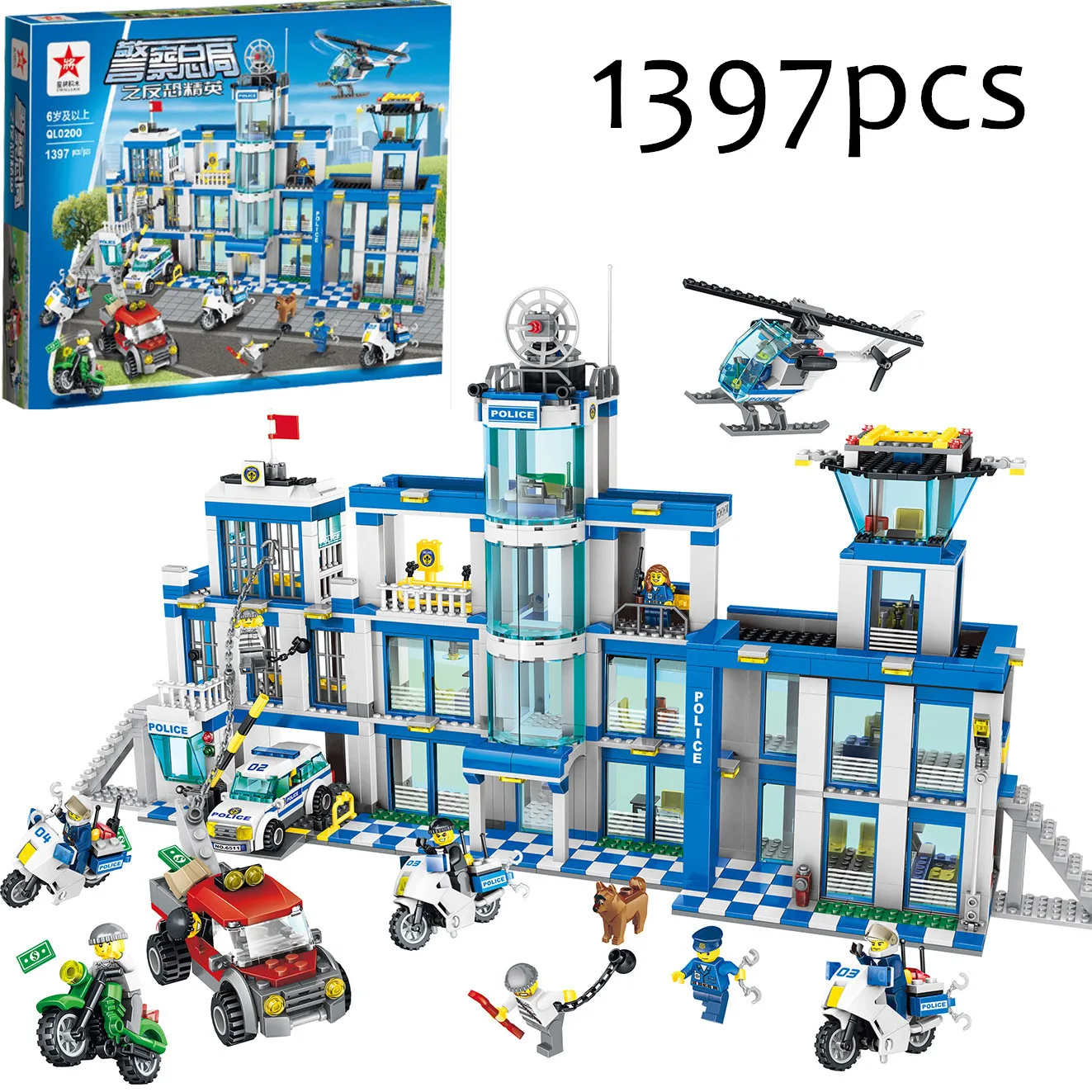 Online Serie de la policía de la ciudad, juego de bloques de construcción de la motocicleta, coche, helicóptero, estación de policía, modelo de ladrillo, juguetes para niños
