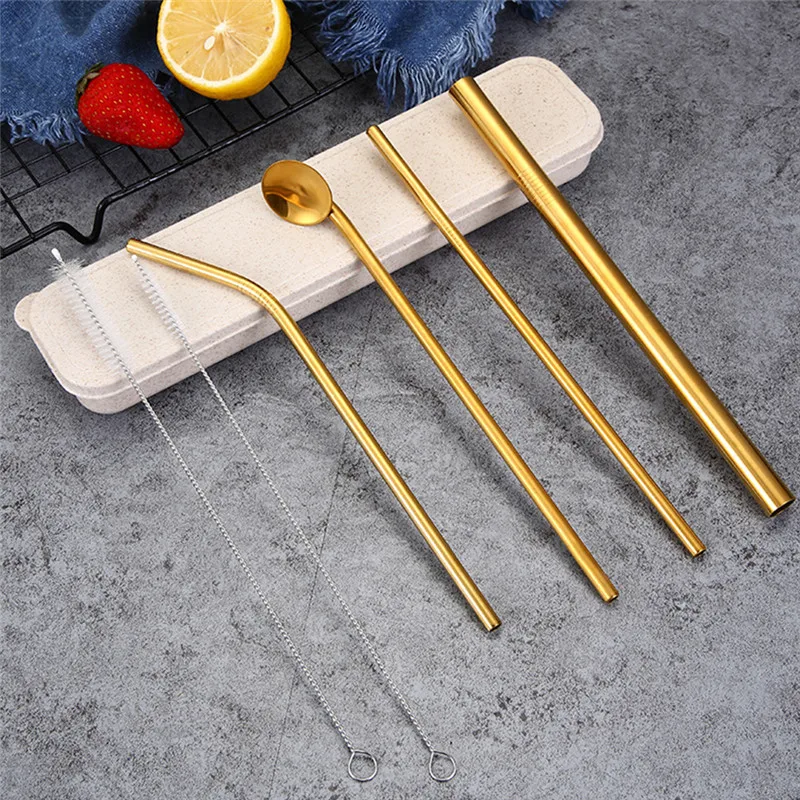 golden 3pcs Stainless Drink Straws Set with carry box+1pcs Cleaner Brush, Reusable Straw Bar Accessories For Party Decoration - Цвет: golden