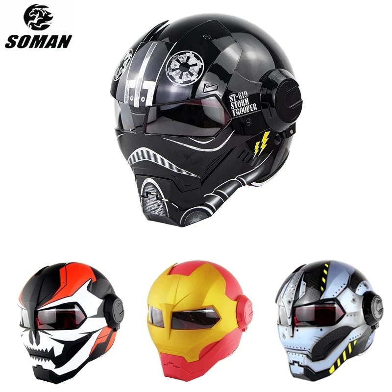 Soman 515 Motorcycle Helmet Skull Casque Motorbike Iron Man Glossy Black New 