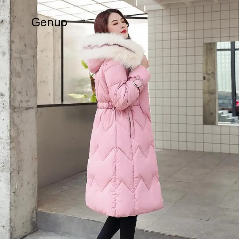 Women's Long Cotton Jacket With Big Fur Collar Overcoat Winter Clothes Korean Style Lace-up Slim-fitting Plus Cotton Jacket Wome