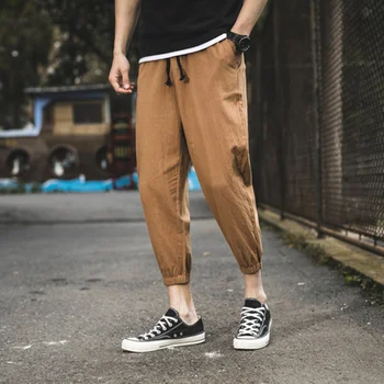 

2019 Cotton Men Fashion Pants Casual Mens Loose Pants Casual Pocket Cotton Linen Pants Ankle Length Trouser Plus size S-XXXL