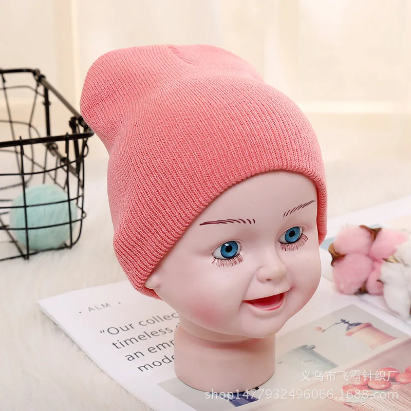 pink Детская вязаная шапочка шерстяные шляпы родитель-ребенок сплошной цвет теплая шапка Дети шапки новорожденных милые зимние дети детские шапки - Цвет: pink