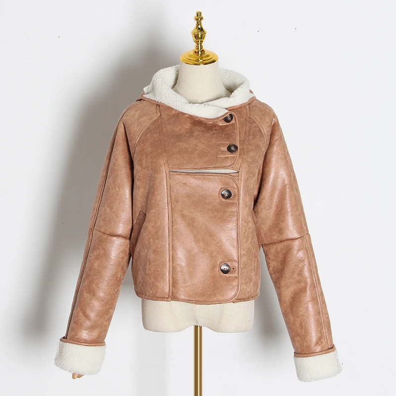 Very best  TWOTWINSTYLE Lamb Fur Hit Color Women's Jackets Hooded Long Sleeve Casual Loose Streetwear Style Co