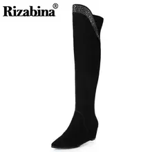 RIZABINA/Женские Сапоги выше колена из натуральной кожи; сапоги на танкетке; Теплая обувь на меху для холодной зимы; высокие сапоги; женская обувь; размеры 34-39