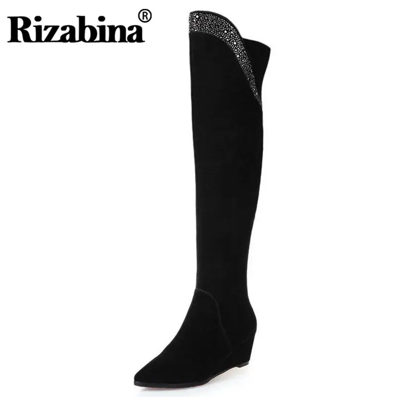 RIZABINA/женские ботфорты из натуральной кожи сапоги на танкетке теплая меховая