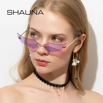 

SHAUNA Unique Angel's Wings Sunglasses Women Fashion Rimless Mirror Coating Cat Eye Shades UV400