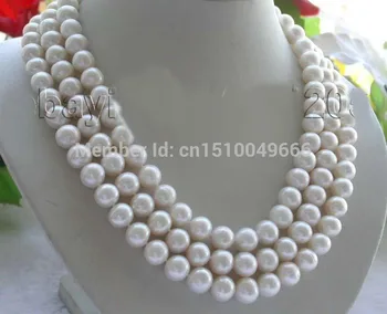 

FREE SHIP>>17-19" Genuine 3rows Natural 9-10mm White Round Pearl Necklace!