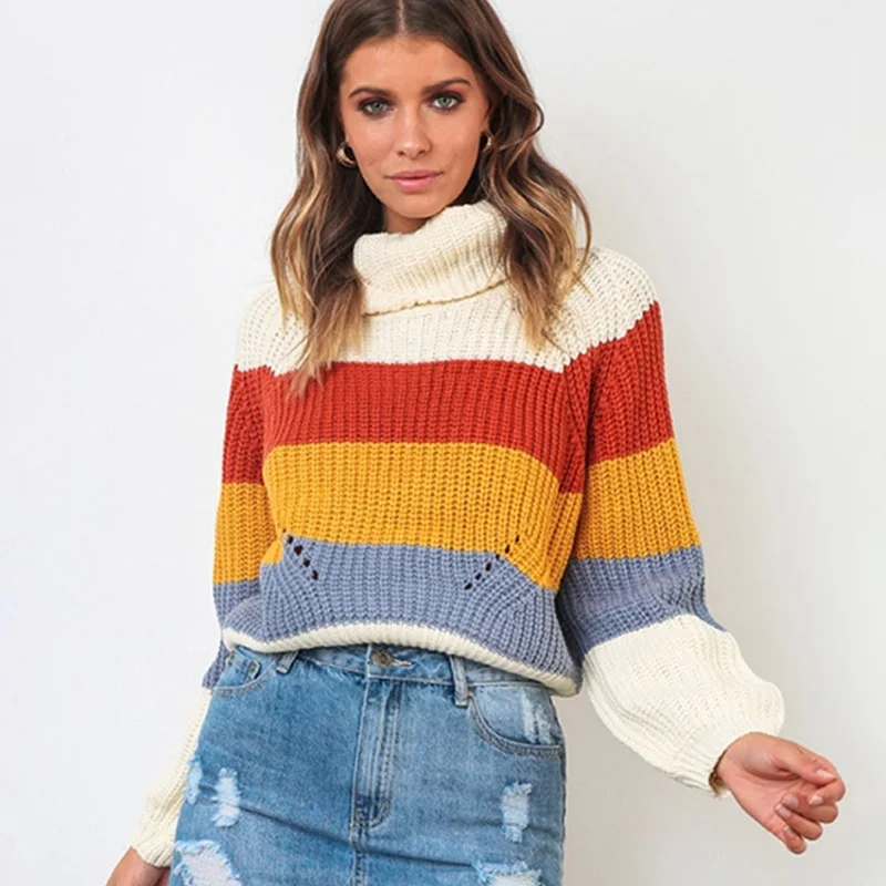 

ALLNeon Women's Turtleneck Sweaters Striped Oversized Long Sleeve Knit Jumpers Females Pullover Colored Stripes Sweater Autumn