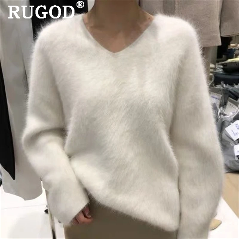 RUGOD кашемировый теплый свитер женский корейский шик сладкий v-образный вырез с длинным рукавом Осень-Зима мягкий плотный вязаный пуловер трикотаж