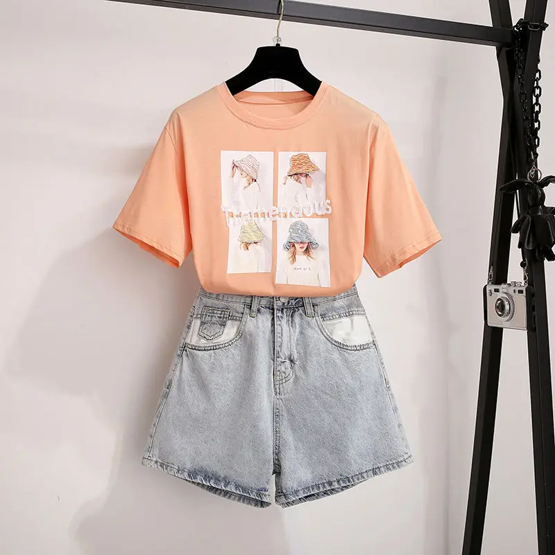 Женский летний комплект из 2 предметов хлопковая Футболка с принтом + шорты