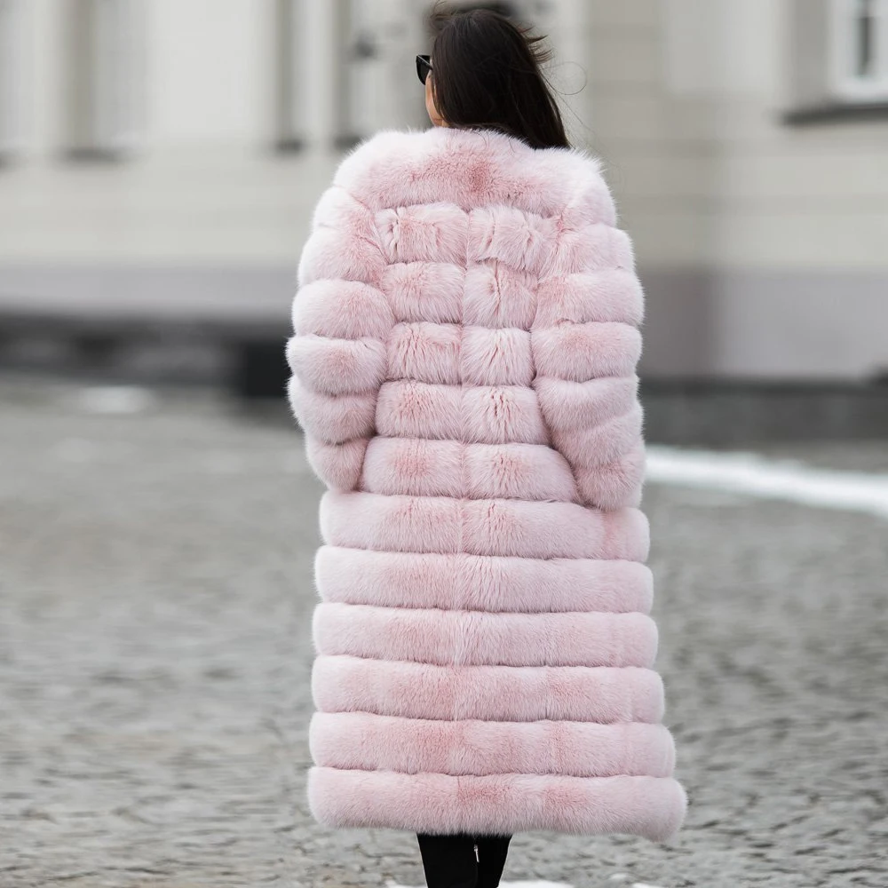 Light Pink Real Fox Fur Coat Round Collar Women Fashion 120cm Long Natural Full Pelt Fox Fur Coats Woman Winter Outwear Luxury