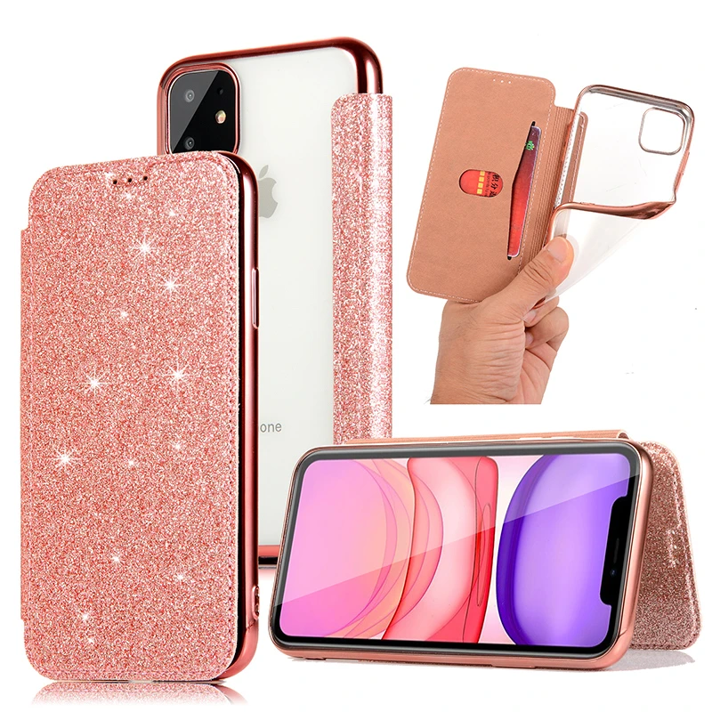 Bling Glitter Leather Flip Wallet Case For iPhone 13 Pro 12 11 Pro Max X XR XS MAX 8 7 Plus 6s SE 2020 Clear Back Soft TPU Case iphone 13 cover