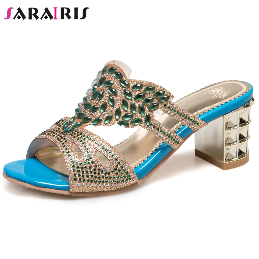 

SARAIRIS Classic Female Fashion Summer Peep Toe Mules High Chunky Heels Summer Pumps Women Elegant Metallic Shoes Woman