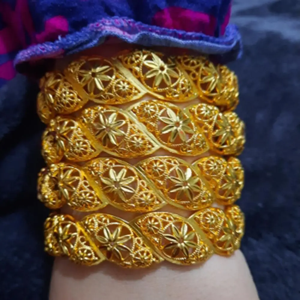 4Pcs/lot Ethiopian Africa Gold Color Bangles For Women Flower Bride Bracelet African Wedding Jewelry Middle East Items bangle bracelet zirconia bangle snake bangle bracelet