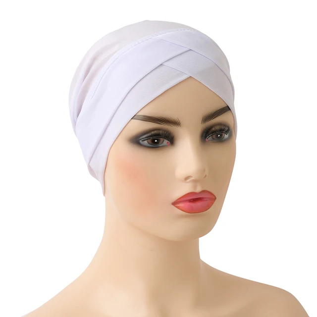 H117 High Quality Criss Cross Muslim Hijab Inner Hat Underscarf Pull On Islamic Scarf Turban Caps Full Headcover Women Headwrap white