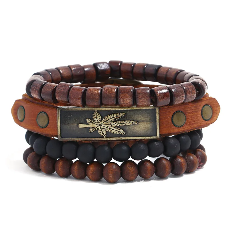 

Vintage 4pc Brown Wooden Bead Bracelet Set For Women Men Fashion Maple Leaf Genuine Leather Charm Bracelets Bangles Hand Jewelry
