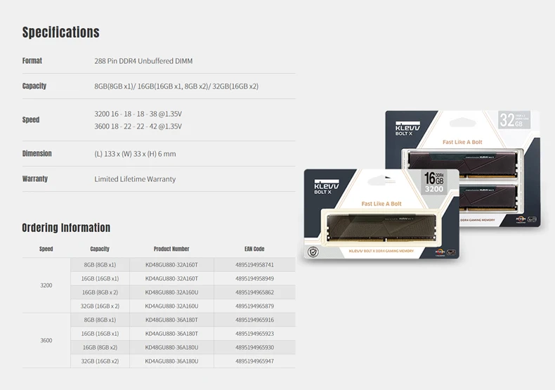 KLEVV BOLT X DDR4 8GB 16GB 3200MHz 3600MHz Gaming Memory with SK Hynix Chips 288 Pin DIMM 1.35V Memoria RAM DDR4 Memory Module (6)