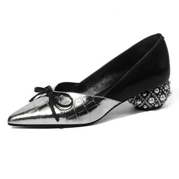 

new classics genuine cow leather pumps for women shoes med heels pointed toe silver dress party office ladies spring summer shoe