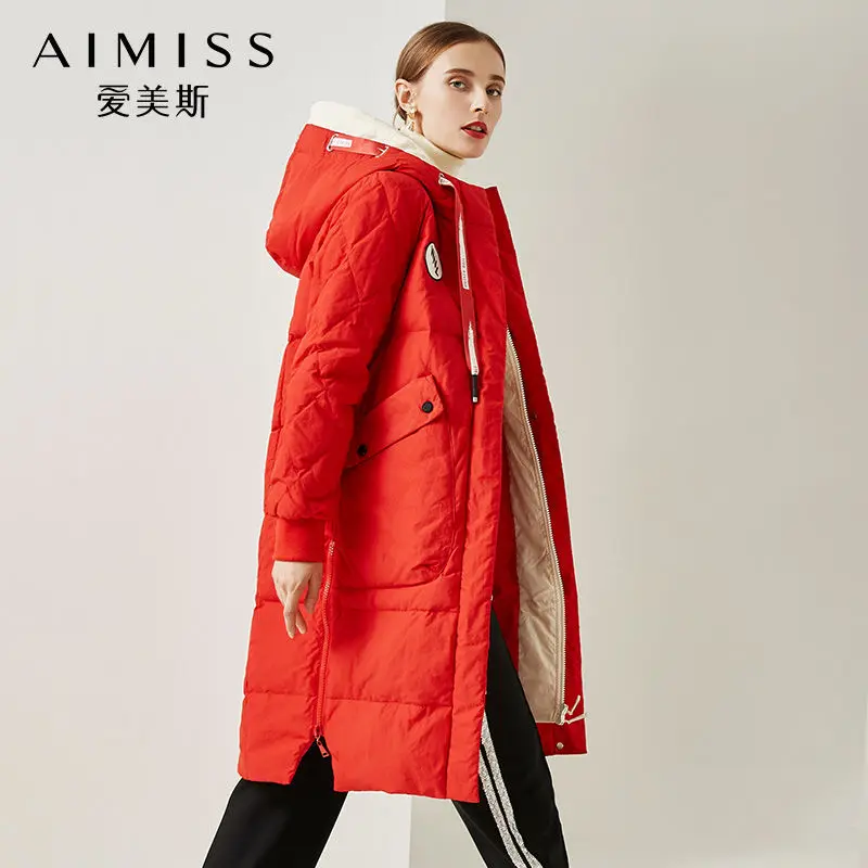 AIMISS/Новинка, женский пуховик, очень плотная теплая куртка с капюшоном и карманом, длинный пуховик, повседневная одежда пальто, зимняя женская одежда
