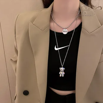 

Autumn and Winter Double-layered Wearing A Bear Zircon Necklace Women's Design Sense Ins Cold Wind Pendant Long Sweater Chain