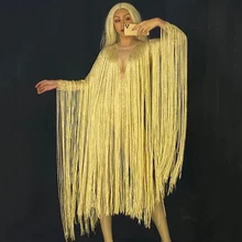 Боди с золотой бахромой для вечеринки, дня рождения, празднования, праздничная одежда, комбинезон с кисточками, танцевальный костюм певицы, одежда DT1710