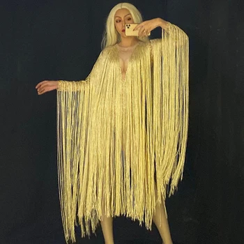 

Golden Fringes Bodysuit Evening Party Birthday Celebrate Dress Festival Outfit Tassel Jumpsuit Singer Dance Costume Wear DT1710