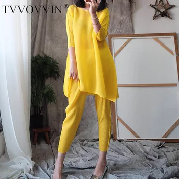 

TVVOVVIN 2020 New Spring Summer Round Collar Solid Color Short Sleeve Pullover T-shirt High Waist Pants Pleated Set Tide PD917