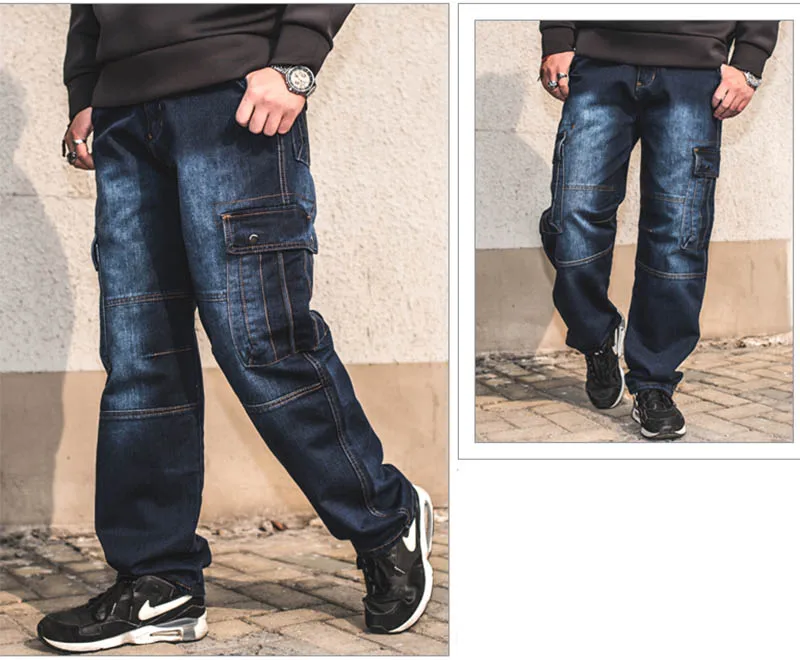 Mcikkny Fashion Men's Cargo Jean Pants With Multi-pockets Loose Style Motorcycle Denim Trousers For Male Washed Size 29-44 (16)