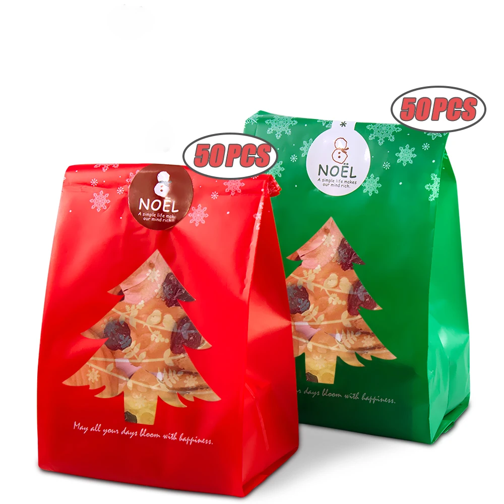 C-50pcs красные/зеленые рождественские подарочные пакеты, коробка для конфет со снежинками, рождественские десертные пакеты для печенья, рождественские украшения для дома