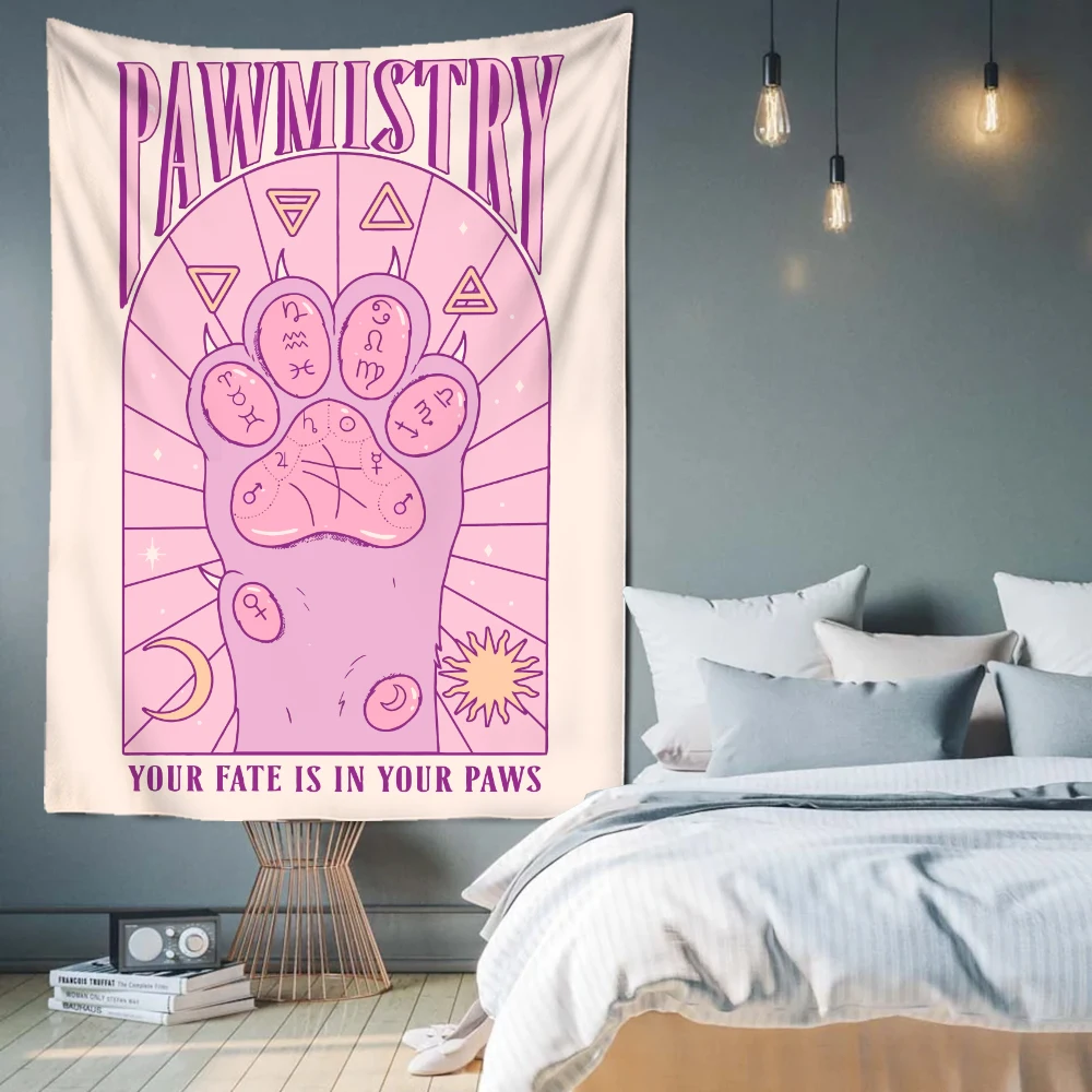 Cat Paws Tarot Tapestry Witchcraft Bohemian Style Decoration Home Hippie Mattress Girls Dorm Room Decor | Дом и сад