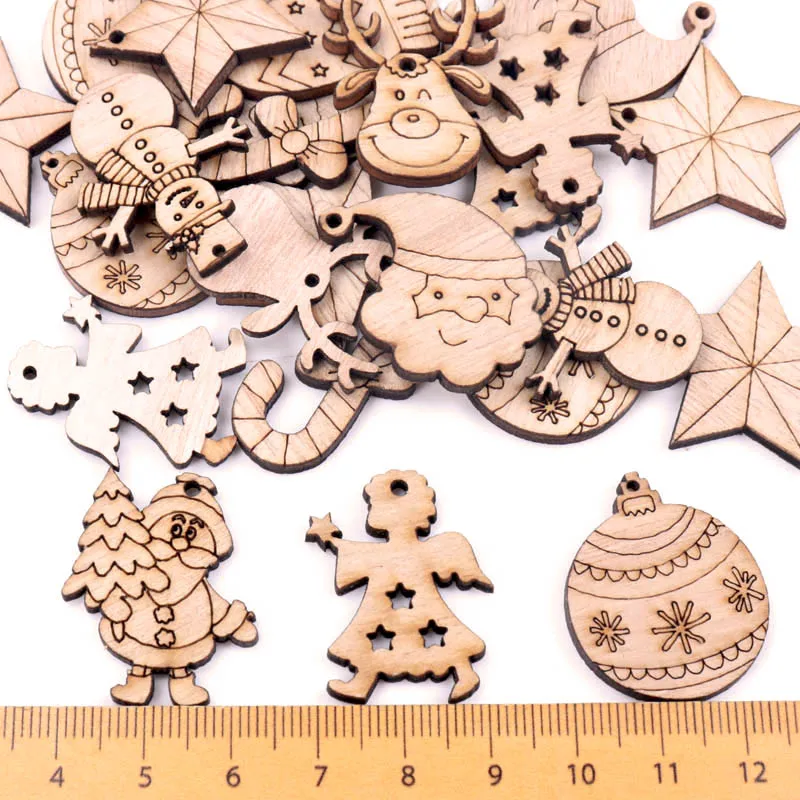 30Mm 40Pcs Houten Kerst Serie Patroon Scrapbooking Craft Diy Versiering Voor Handgemaakte Naaien Home Decoratie MZ428