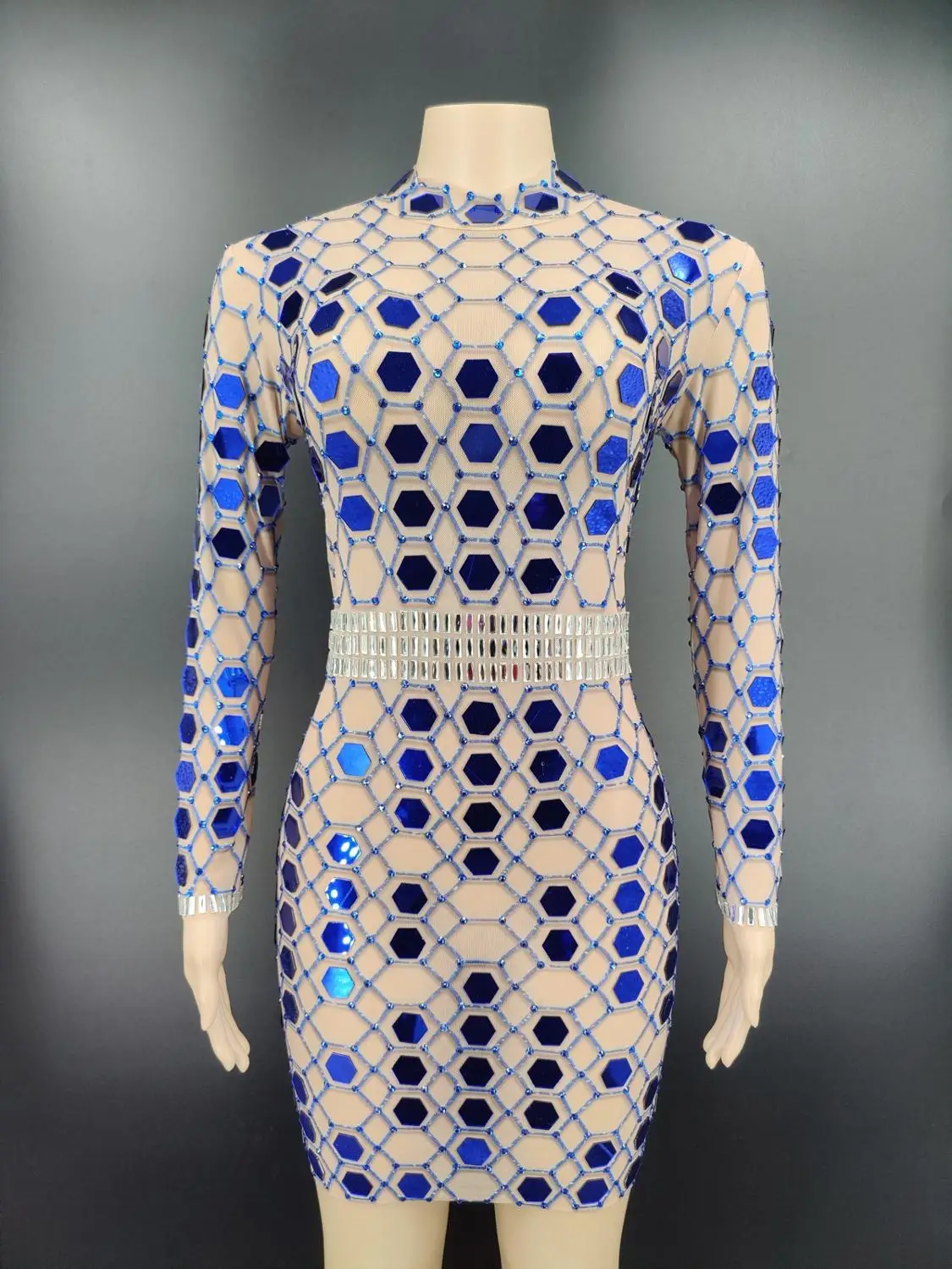 

Party Girls Sexy Dress 2020 Long Sleeve Perspective Huge Elasticity Beautiful Delicated Shiny Lens Decorated Rhinestone Dress