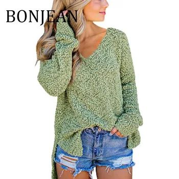 

BONJEAN Asymmetric Fleece Sweaters for Women 2019 Autumn Clothing Irregular Tops and Pullovers Loose Green Sweaters BJ1585