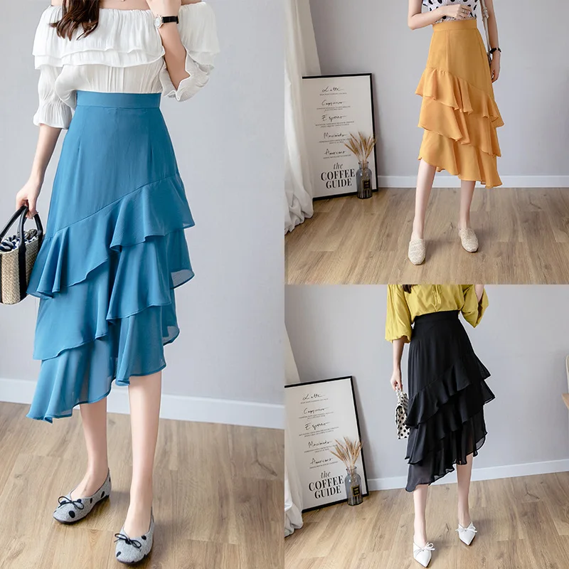 

2019 Summer Wear New Style Korean-style Flounced Chiffon Cake Dress High-waisted Irregular A- line Long Skirts Skirt Women's