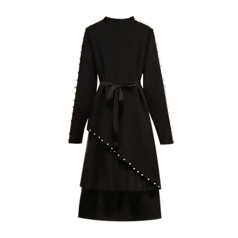 XL-5XL, свитер, Сетчатое платье, большой размер, для женщин, корейский, большой размер, зимнее платье, комплект из двух частей, Черное длинное платье размера плюс, одежда