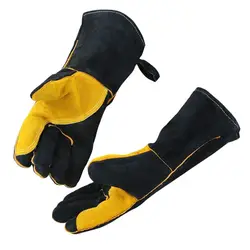 Gants de travail pour le soudage, noirs, avec paume jaune, soudeurs, épais, croûte de cuir de vache, cuisinière, résistant à la chaleur, gant de barbecue 