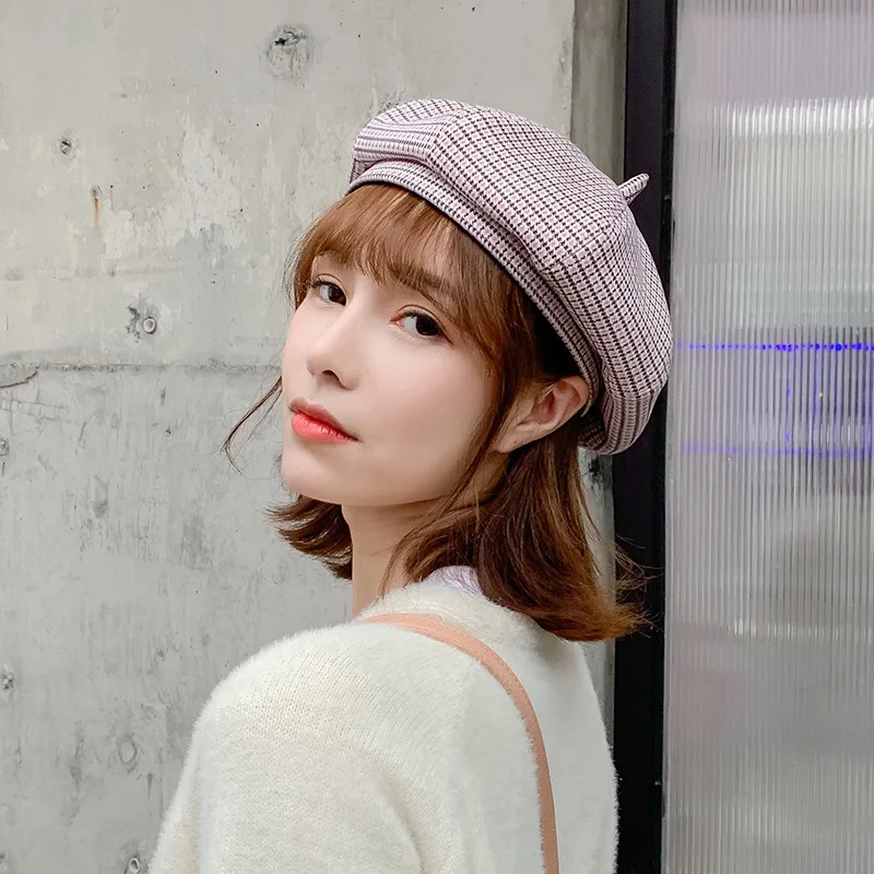 

2020 Beret Hat Ms. Korean version of the net red pumpkin hat autumn and winter British retro bud hat houndstooth newsboy hat