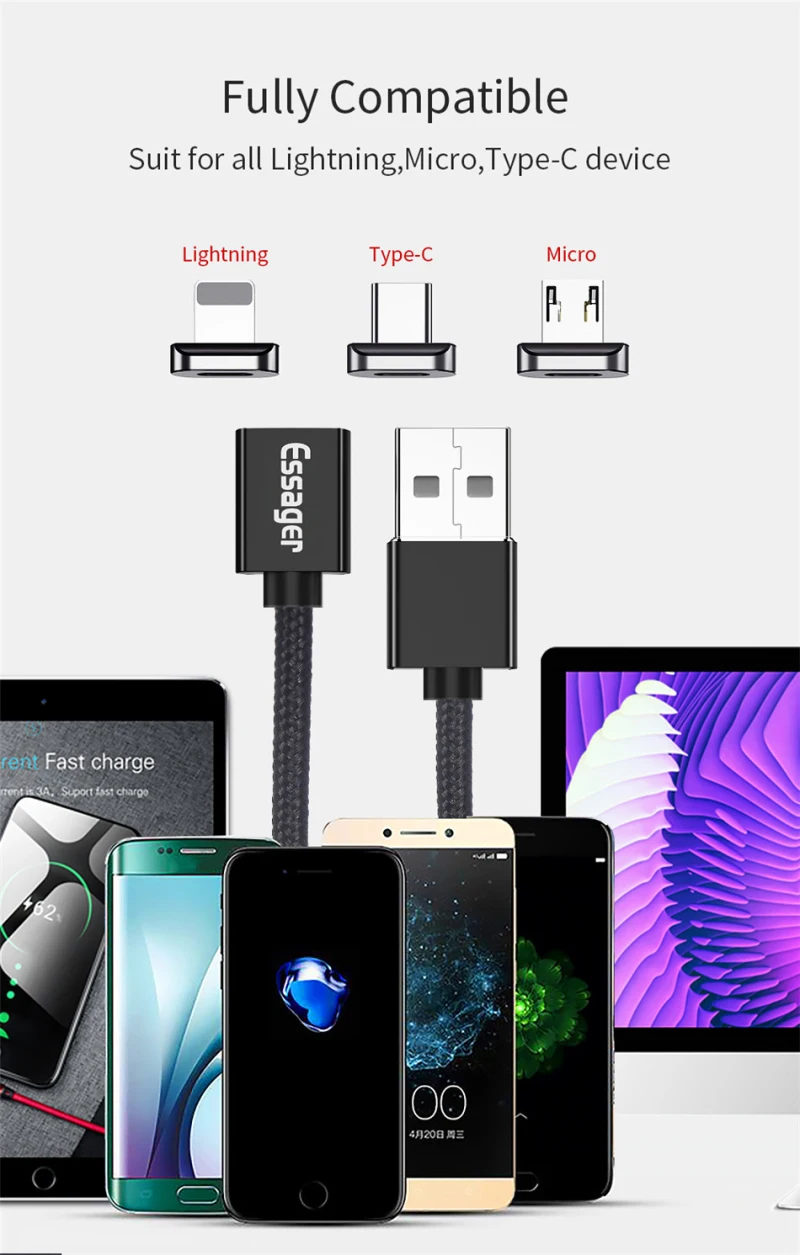 Essager Магнитный Usb кабель для телефона Android зарядный адаптер Кабели для мобильных и смартфонов кабели