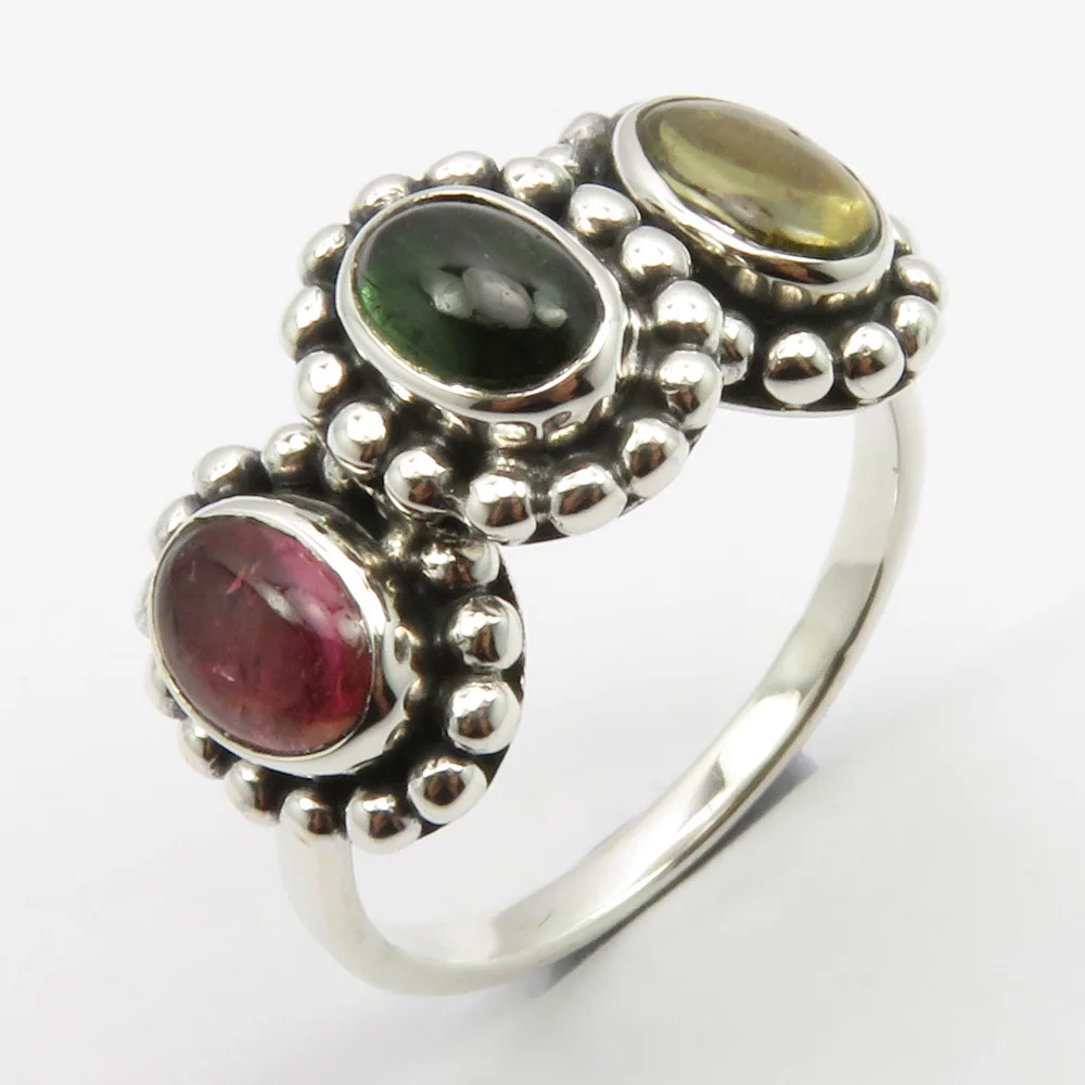 

Oval Tourmaline 3 STONE Ring Size 7.5 Solid Silver Gem Stone Jewelry