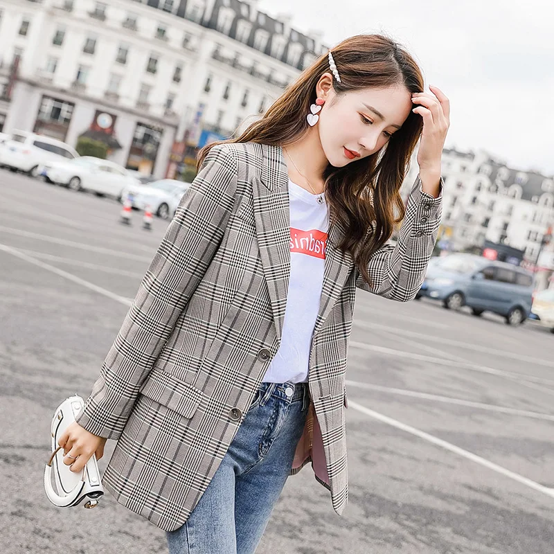 

Mid-length Loose-Fit Suit Early Autumn Blouses 2019 New Style Elegant Slimming Versatile Casual Coat Plaid Suit