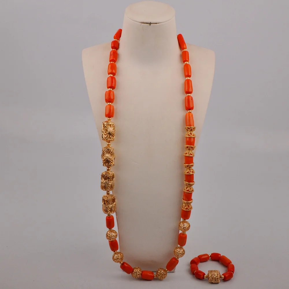 

Orange Nigerian Coral Beads Men Jewelry Set Bride Groom African Jewelry Set Bridal Coral Necklace Set