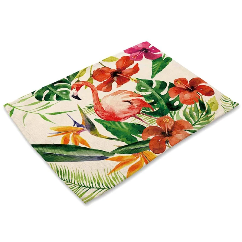 New Flamingo Pattern Cotton And Linen Mat Plant Print Tableware Mat For Wedding Placemat Kitchen Decoration Catering Accessories